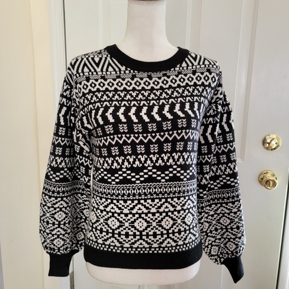 NWT Truth by Republic Black White Fair Isle Balloon Sleeve Sweater Size XS